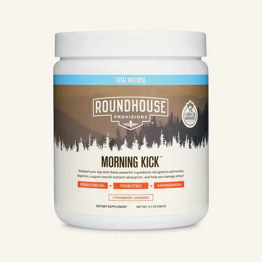 ROUNDHOUSE PROVISION Morning Kick, Zero Sugar Greens Superfood Powder Supplement with Ashwagandha, Collagen, Probiotics, Debloat Drink,  (Strawberry Lemonade) by Chuck Norris